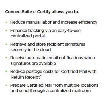 Quadient ConnectSuite e-certify feature bullet points